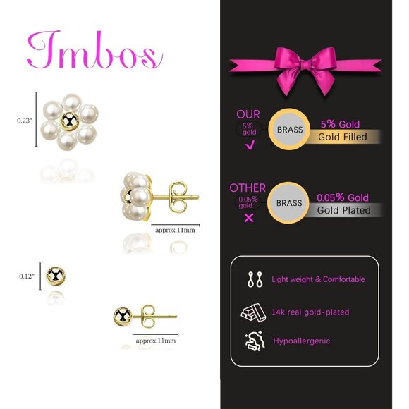 Women's Pearl Earrings 14k Gold Plated Daisy Flower Stud Earring Trendy Jewelry - Picture 6 of 7